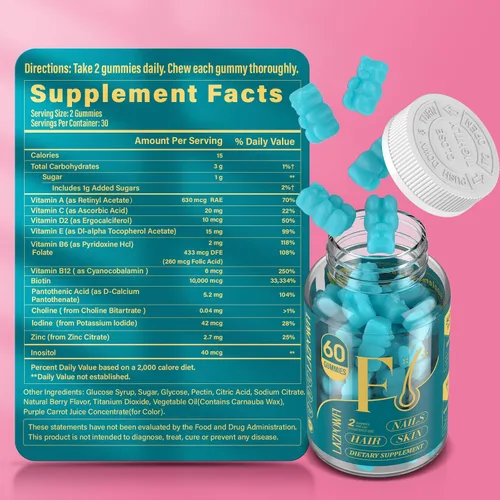 Miniatura 2 de Gomitas de biotina, vitaminas para la piel y las uñas para hombres y mujeres, vitamina B7 vegana, apoya el crecimiento del cabello y uñas más