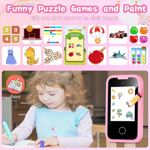 Miniatura 3 de Teléfonos inteligentes para niños, juguetes para niñas y niños de 3 a 8 años, juguetes de aprendizaje para niños pequeños con juegos educativos, Rosa