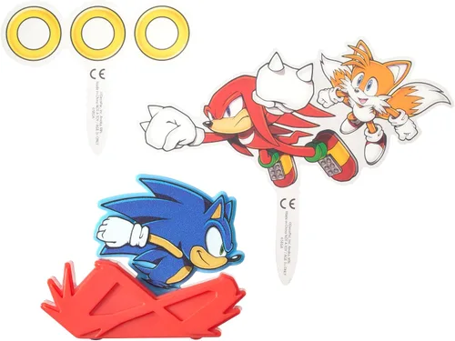 Miniatura 2 de DecoSet Sonic The Hedgehog - Juego de decoración de 3 piezas con cola y nudillos para tartas, anillos y figura de acción de Sonic rodante