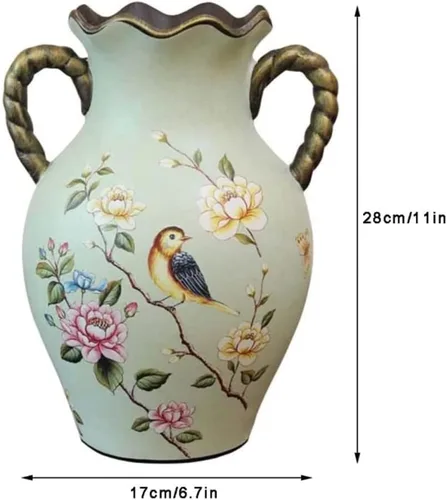 Miniatura 7 de ZHOUXIAO Jarrón moderno con asas de cerámica para decoración del hogar, diseño de pájaro de porcelana china tradicional verde, florero de flores