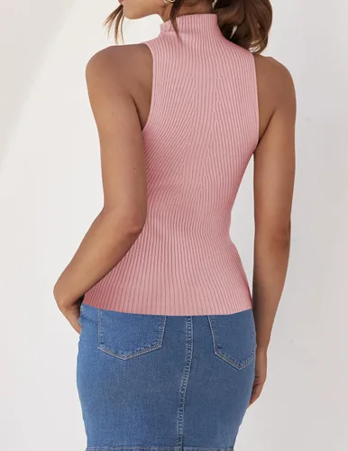 Miniatura 4 de ZESICA Camisetas sin mangas de verano para mujer, cuello de tortuga, de punto acanalado, ajustadas, básicas, casuales