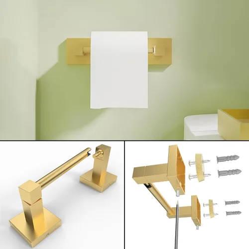 Miniatura 4 de Ruacq Soporte de papel higiénico de oro cepillado con anillo para toalla, accesorios de baño, juego de herrajes, doble poste pivotante, soporte