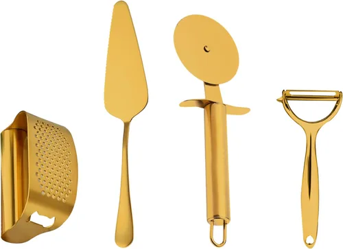 Juego de accesorios de cocina de lujo dorado – Rueda de corte de pizza súper afilada, prensa de ajo con palanca, pelador en Y, servidor de pasteles