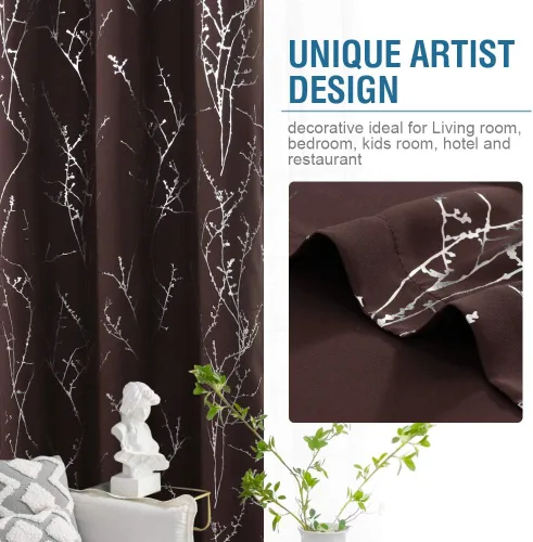 Miniatura 5 de H.VERSAILTEX Cortinas opacas para dormitorio, con estampado de ramas de árbol, con aislamiento térmico y ojales, cortinas de ventana gruesas y Marrón