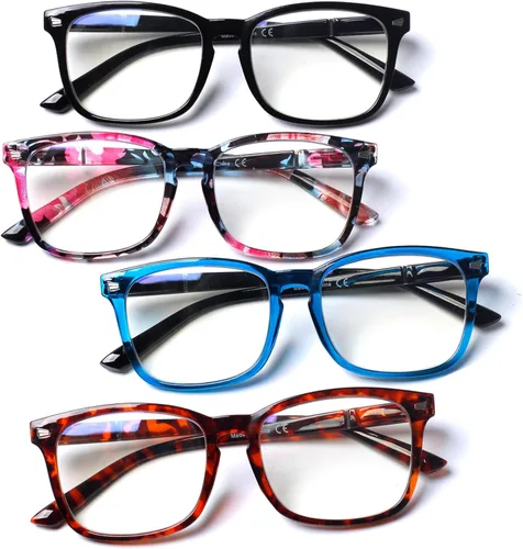 Miniatura 7 de Henotin - Juego de 4 gafas de lectura con bloqueo de luz azul para mujeres y hombres, con bisagra de resorte para computadora, anti rayos UV, Mezcla