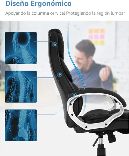 Miniatura 6 de FDW Silla de oficina para computadora, respaldo alto, ergonómica, ajustable, silla de escritorio giratoria de piel sintética ejecutiva con Negro