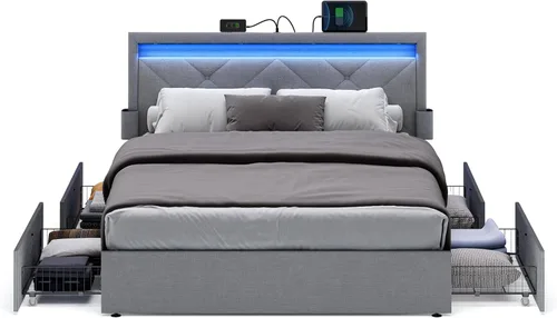 Miniatura 9 de VASAGLE Base de cama LED tamaño individual, cama individual con cabecera y 4 cajones, 1 puerto USB y 1 puerto tipo C, cabecera tapizada ajustable