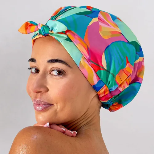 Miniatura 4 de GRACE & COMPANY Gorro de ducha de lujo para mujer, 100% impermeable, reutilizable, lavable y transpirable, diseño de pájaros del paraíso