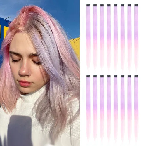 Miniatura 11 de 16 piezas de extensiones de cabello con clip de color púrpura, varios colores, para fiestas, clip en postizo sintético, para Halloween, cosplay