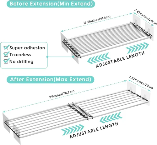Miniatura 3 de Paquete de 2 estantes de tensión expandibles para armario, estantes de tensión ajustables para montaje en pared para gabinete, almacenamiento