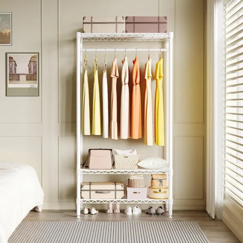 Miniatura 8 de Perchero de ropa resistente, perchero portátil de metal con estantes ajustables de 3 niveles, estantes de ropa independientes para colgar ropa