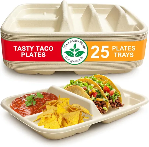Platos desechables de tacos para 2 tacos y 2 lados – Paquete de 25 | Platos de papel de primera calidad con divisores, soporte para tacos de fiesta,