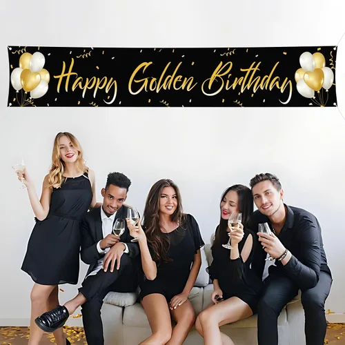Miniatura 4 de Labakita Cartel grande de feliz cumpleaños dorado, pancarta dorada para fiesta de cumpleaños, suministros de decoración de cumpleaños 5, 21, 24, 25