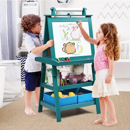 Miniatura 8 de Caballete de arte HONEY JOY para niños, caballete doble de 3 en 1 para niños pequeños de madera con pizarra blanca magnética y pizarra, rollo