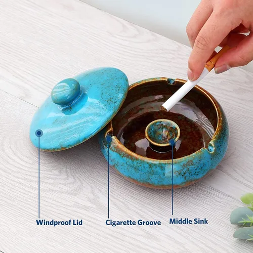 Miniatura 4 de RONXS Cenicero, cenicero para exteriores para patio con tapa, ceniceros resistentes al viento para cigarrillos, cenicero de cerámica hecho a mano
