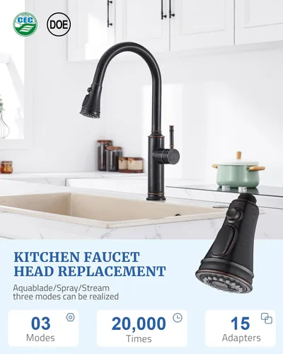 Miniatura 4 de Cabezal rociador de repuesto para grifo de cocina, con 15 adaptadores, rociador de grifo extraíble con boquilla de 3 funciones, bronce aceitado