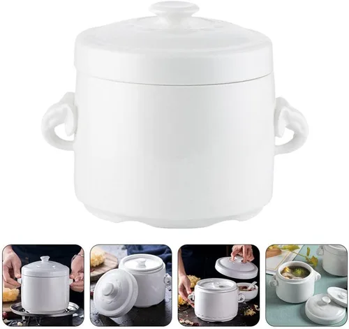 Miniatura 6 de Hemoton Olla de cerámica para estofado de 3.74 x 3.74 x 4.13 pulgadas, pequeña olla blanca con tapa para huevos al vapor, natillas de pájaros, nido