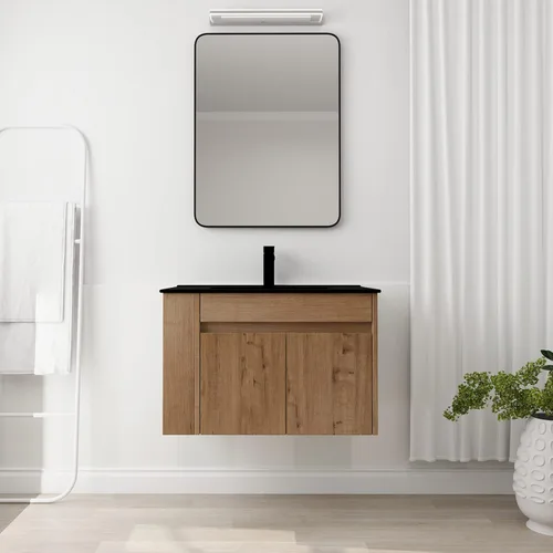 Miniatura 3 de Tocador de baño de 30 pulgadas con fregadero, moderno combo montado en la pared con lavabo de cerámica blanca y estante abierto ajustable, grifo