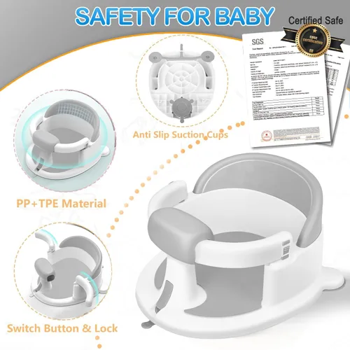 Miniatura 5 de Asiento de baño para bebés de 6 meses en adelante, asientos de baño para bebés sentados, silla de baño antideslizante con ventosas y cojín suave Gris