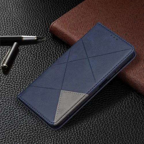 Miniatura 6 de Funda con tapa para Xiaomi Redmi Note 10 4G/Note 10S, patrón de rombos de cuero de primera calidad, función atril, cierre magnético, color azul