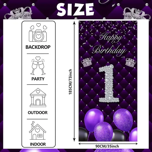 Miniatura 2 de Cartel morado de feliz primer cumpleaños telón de fondo para cabina de fotos, globos de corona plateada, decoración temática para niña, aniversario