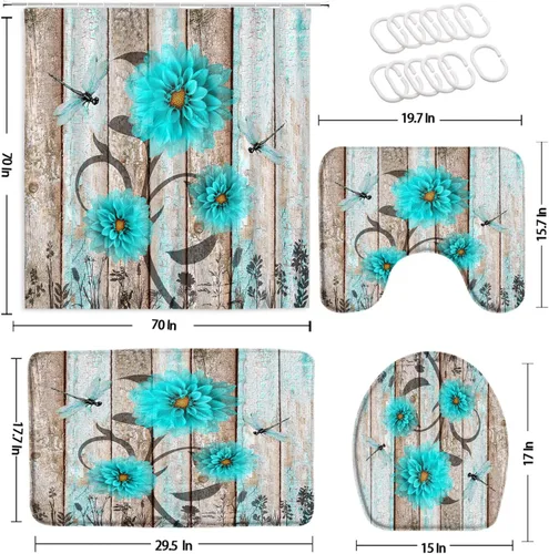 Miniatura 2 de 4Pcs Rustic Wooden Blue Dahlia Floral Flower Dragonfly Shower Curtain Set with Bath Mat Barnwood Old Garage Door American Country Farmhouse Decor