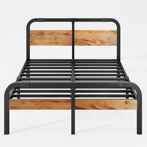 Miniatura 6 de ZIYOO Marco de cama de metal de estilo industrial con cabecera y estribo de madera maciza, listones de acero de alta resistencia de 14 pulgadas que