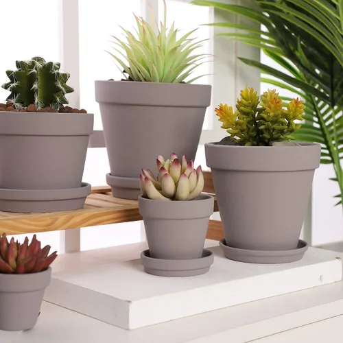 Miniatura 5 de Yishang Macetas grandes de terracota con platillo, paquete de 4 macetas grandes de terracota de 6 pulgadas con orificio de drenaje, maceta con Gris