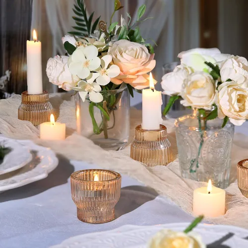 Miniatura 4 de HAVITI Paquete de 12 portavelas cónicos dorados, portavelas de cristal, candelabros de té para centros de mesa de boda de otoño, decoración de mesa