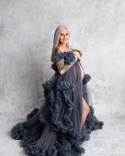 Miniatura 6 de Yexinbridal Batas de tul para mujer para sesión de fotos de maternidad, largo hinchado, ilusión, vestido de novia con volantes y abertura, bufanda