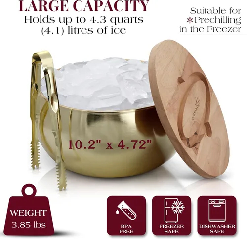 Miniatura 3 de Gusto Nostro Cubo de hielo aislado de 4.1 L con tapa y pinzas, cubo de hielo de acero inoxidable de doble pared grande, sin BPA para bar