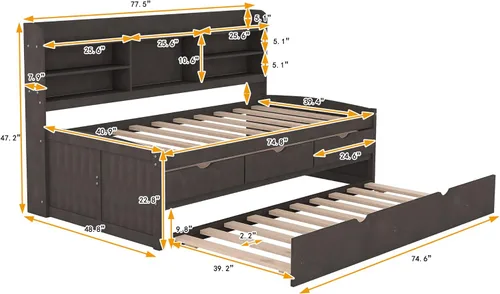 Miniatura 2 de Harper & Bright Designs Cama Capitán Tamaño Individual con Estanterías Integradas/3 Cajones de Almacenamiento/Cama Nido, Marco de Cama Diván