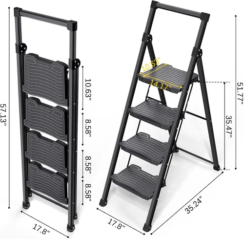 Miniatura 8 de KINGRACK - Escalera plegable de 4 escalones, escalera de 4 pasos con pedal ancho antideslizante y pasamanos, escalera doméstica ligera, aprueba