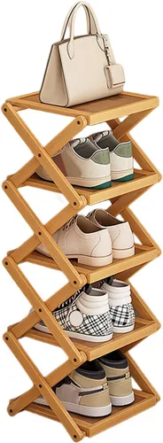 Miniatura 8 de YYW Zapatero plano de bambú para entrada, sin instalación y plegable, pequeño zapatero vertical, ahorra espacio, zapatero estrecho para armario