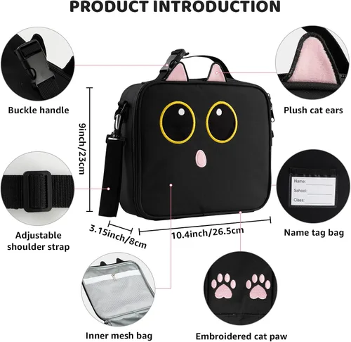 Miniatura 3 de Lonchera Aislante de Gato Negro lonchera para Adolescente Niña Niño Niña Caja Bento Reutilizable Gran Capacidad Portátil Impermeable A Prueba