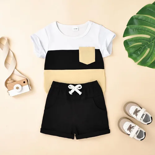 Miniatura 78 de Ropa para bebé niño pequeño, trajes de verano de manga corta, camiseta de retazos y pantalón con bolsillo, conjunto de 2 piezas, 12 meses a 4 años