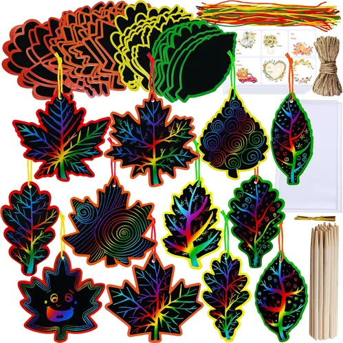 Winlyn 48 juegos de 12 estilos mágicos de color negro rayado hojas de otoño adornos de hojas de otoño hojas de otoño kits de manualidades para