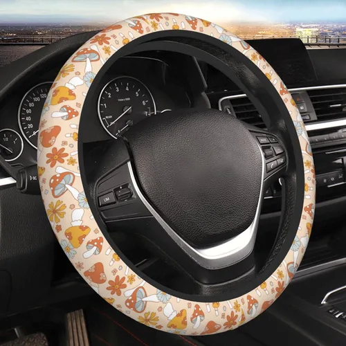 Miniatura 9 de Funda de volante vintage floral hippie de los 70, diseño de hongo retro, cubierta de volante de neopreno antideslizante para mujeres, hombres
