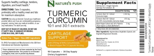 Miniatura 4 de Nature's Push Curcumina de cúrcuma súper potente 30:1 Extracto 30:1 375 mg 90% curcuminoides, 1,350 mg de raíz de cúrcuma 10:1 más pimienta negra