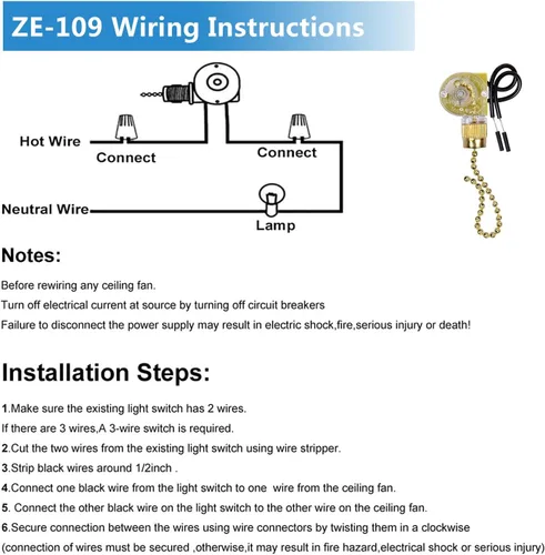 Miniatura 5 de Interruptor de luz de ventilador de techo ZE-109, interruptor de cadena de encendido y apagado compatible con la mayoría de las luces de ventilador