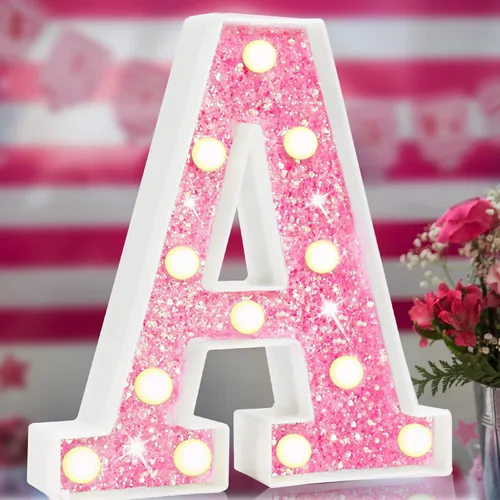 Miniatura 31 de Letras rosas iluminadas, letras del alfabeto con purpurina, letras LED de marquesina, que funcionan con pilas, para iluminar por la noche
