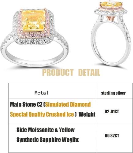 Miniatura 2 de DovEggs Anillo de compromiso de plata de ley PT950 con estampado de diamantes de imitación para mujer, 2 quilates, 0.276 x 0.276 in, amarillo
