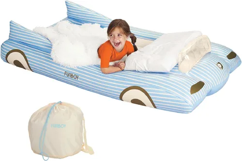FUNBOY Cama de viaje infantil azul inflable y colchón. Perfecta para fiestas de pijamas. Incluye bolsa de almacenamiento y transporte, individual