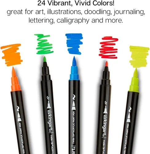 Miniatura 5 de KINGART Marcadores de pintura acrílica, 24 bolígrafos de doble punta de secado rápido para rocas, telas, madera, vidrio y manualidades. Ideal