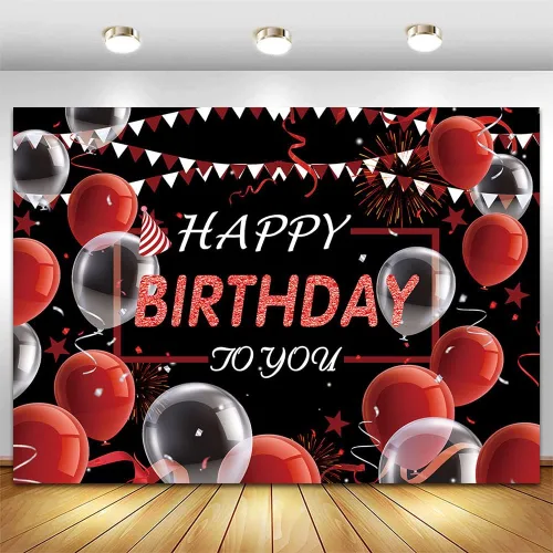 CGXINS Fondo de fotografía de cumpleaños blanco rojo y negro de 7 x 5 pies, globo de confeti para decoración de fiesta de cumpleaños, aniversario,