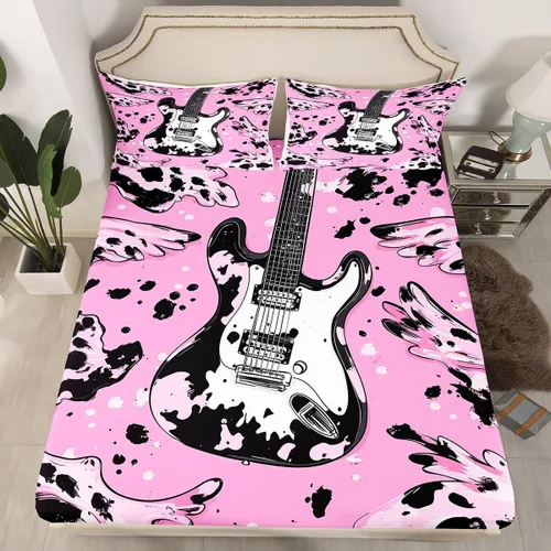 Miniatura 55 de Castle Fairy Juego de sábanas de botas de vaquero, tamaño individual, juego de ropa de cama de guitarra musical bohemia de 3 piezas para niños