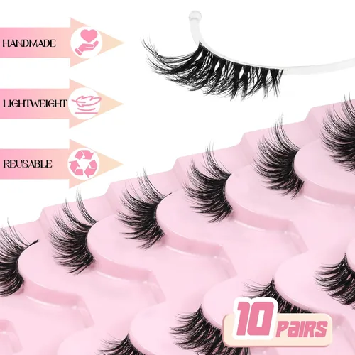 Miniatura 2 de Ahrikiss Mitad pestañas de aspecto natural, 10 pares de pestañas postizas 3D esponjosas con banda transparente, medias pestañas cortas suaves (TB10)