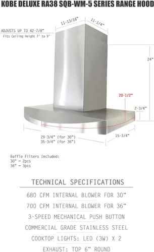 Miniatura 3 de KOBE RA3830SQB-WM-5 Deluxe 30" Campana extractora para montaje en pared, 3 velocidades, 680 CFM, luces LED, filtros deflectores, acero inoxidable