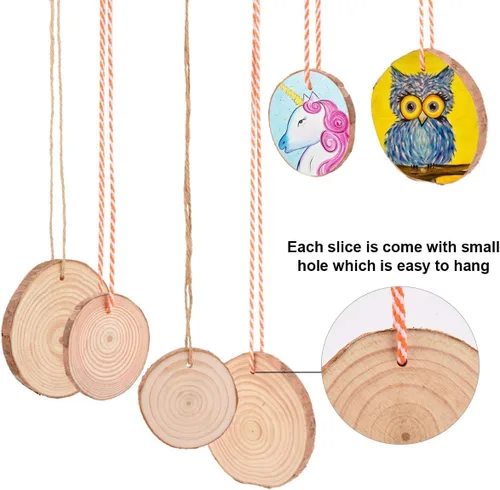 Miniatura 4 de Philorn Rebanadas de madera, 50 unidades de discos de madera de 2.4 a 2.8 pulgadas para manualidades, rebanadas de madera natural preperforadas sin