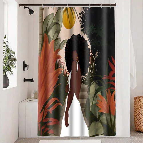 Miniatura 12 de Cortina de ducha de mujer afroamericana, sexy, de 36 x 72 pulgadas, poliéster, abstracto, bohemio, tropical, hojas de plantas tropicales, juego